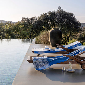 Recifs Blue Beach Towel - Shown on deck loungers