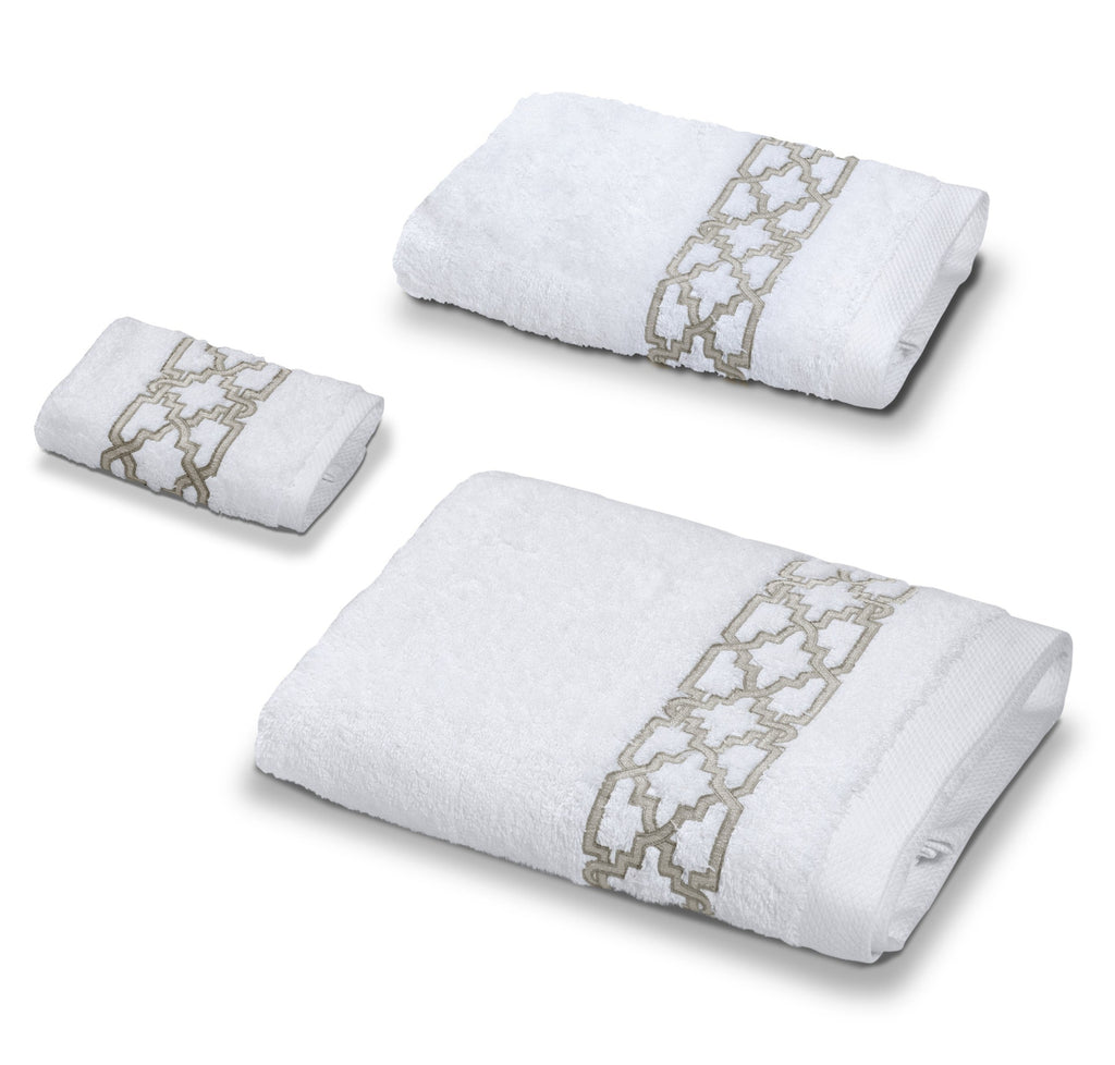 Fretwork Towel Set (Washcloth, Hand towel and Bath towel)  with Khaki Embroidery 